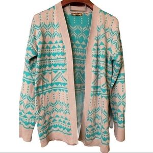 Boho Open Cardigan Sweater Size Large Aztec Design Teal Gray